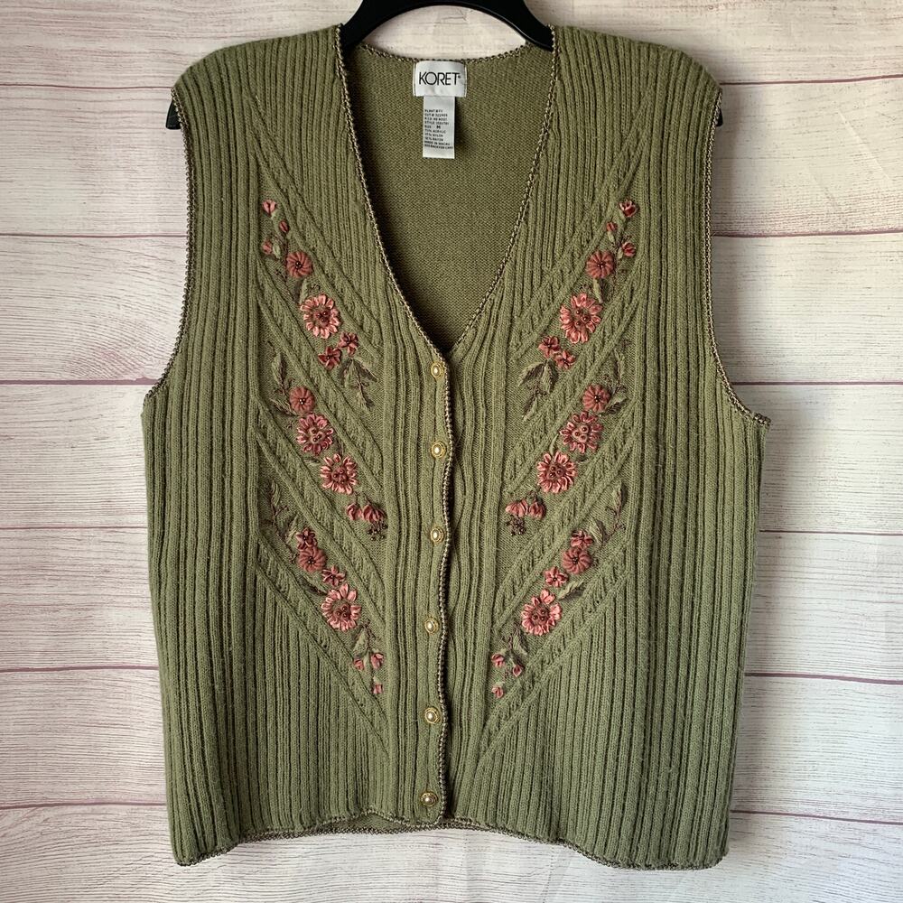 Vintage Koret Olive Green Button Up Knit Sweater Vest Mauve Embroidery Size M